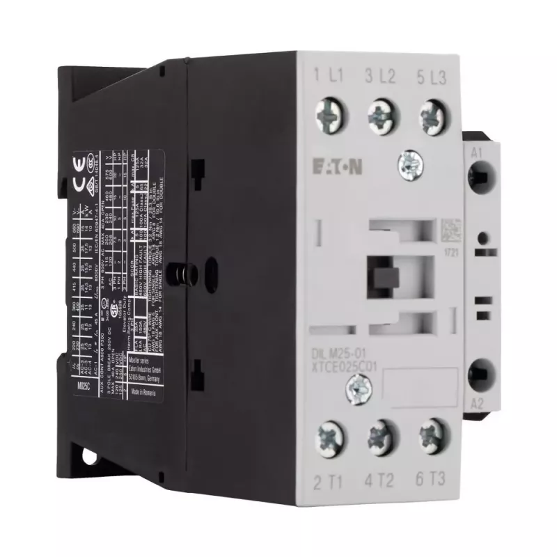 Eaton DILM25-01(RDC24) 3 polu kontaktors, 24 V DC spole, 25 A AC-3, 1 NC palīgkontakts, IP00, melns/balts 277178