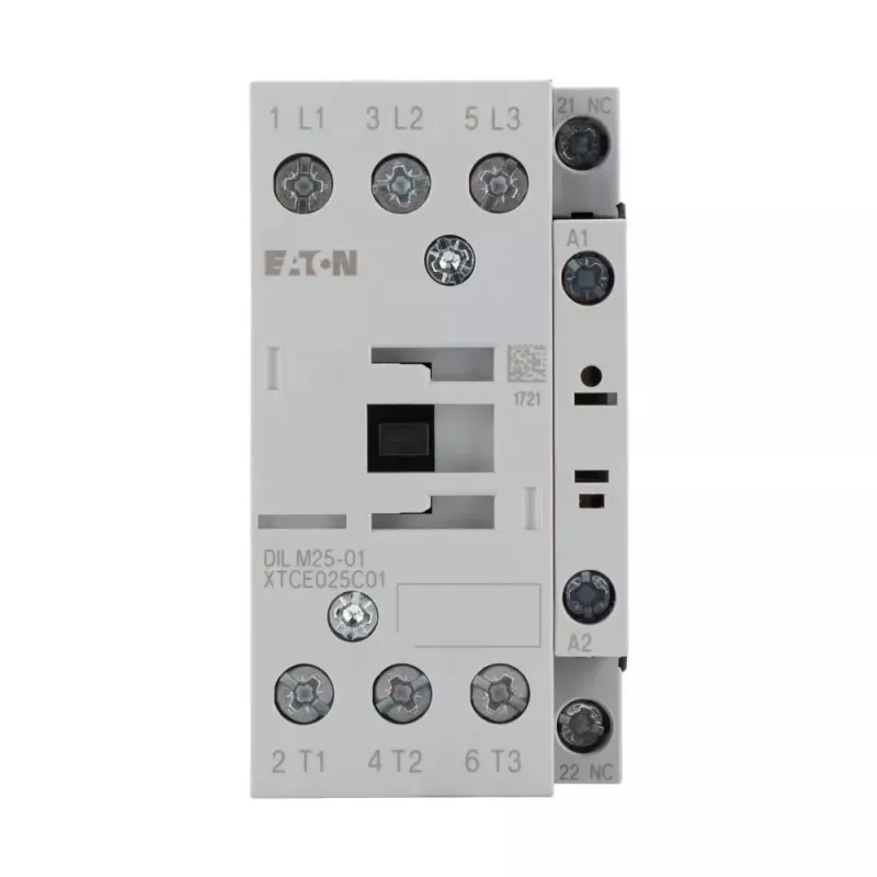 Eaton DILM25-01(RDC24) 3 polu kontaktors, 24 V DC spole, 25 A AC-3, 1 NC palīgkontakts, IP00, melns/balts 277178