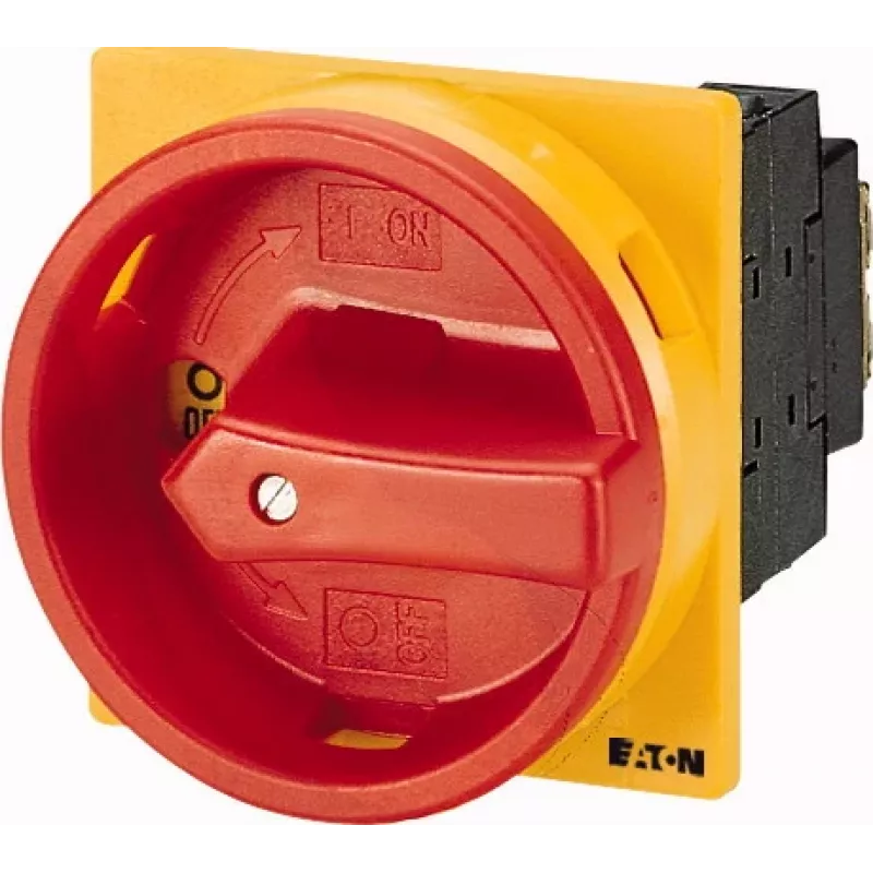 Eaton P1-32/EA/SVB/N/HI11 4-polīgs galvenais slēdzis, 32A, IP65, melns korpuss ar sarkanu/dzeltenu rokturi 057859