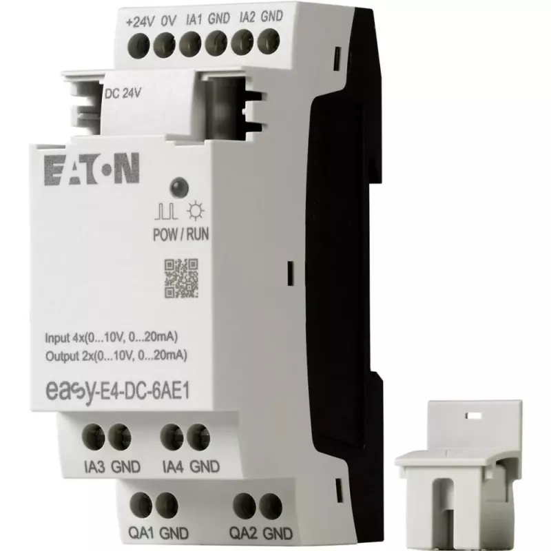 Eaton EASY-E4-DC-6AE1 PLC vadības modulis, 12/24 V DC, 6 digitālie ieejas, 2 analogās ieejas, 4 releju izejas, paplašināms, iebūvēts LCD