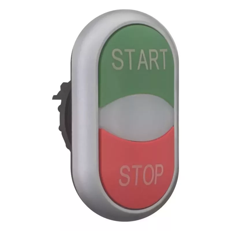 Eaton M22-DDL-GR-GB1/GB0 apgaismota spiedpoga, zaļa/sarkana, fiksējoša, 1 N/O + 1 N/C, 24V AC/DC LED, IP66, plastmasa 216702