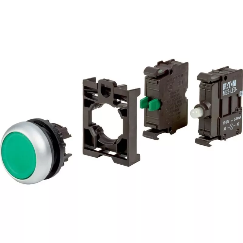 Eaton M22-DL-G-K10LED-BVP apgaismota spiedpoga, zaļa, 1 NO, 24 V AC/DC LED, plastmasas priekšējais gredzens 110930