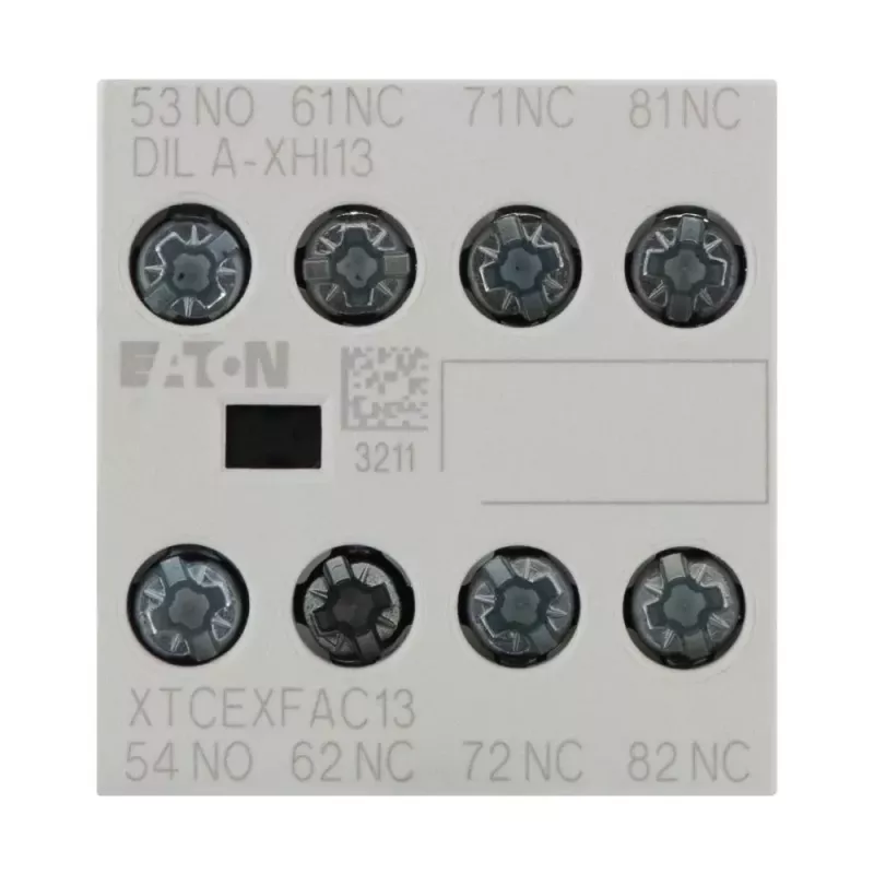 Eaton DILA-XHI13 palīgkontaktu bloks, 4 polu, 1NO+3NC, skrūvju spailes, priekšējā montāža, DILM7-DILM38 kontaktoriem, melns/balts 276425