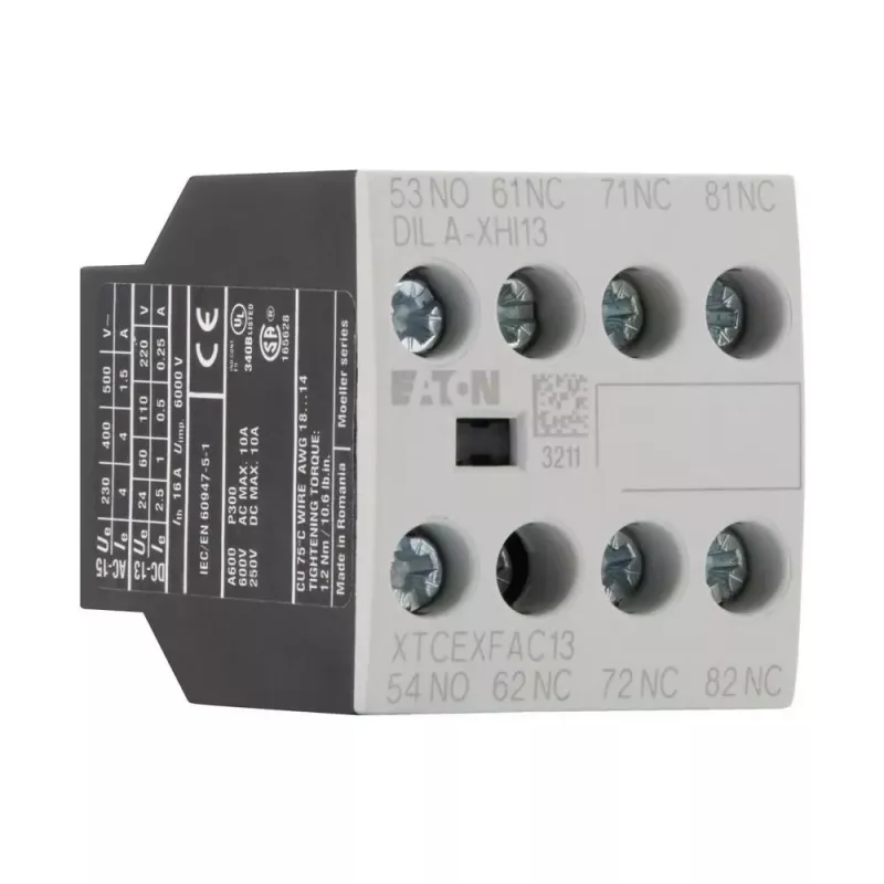 Eaton DILA-XHI13 palīgkontaktu bloks, 4 polu, 1NO+3NC, skrūvju spailes, priekšējā montāža, DILM7-DILM38 kontaktoriem, melns/balts 276425