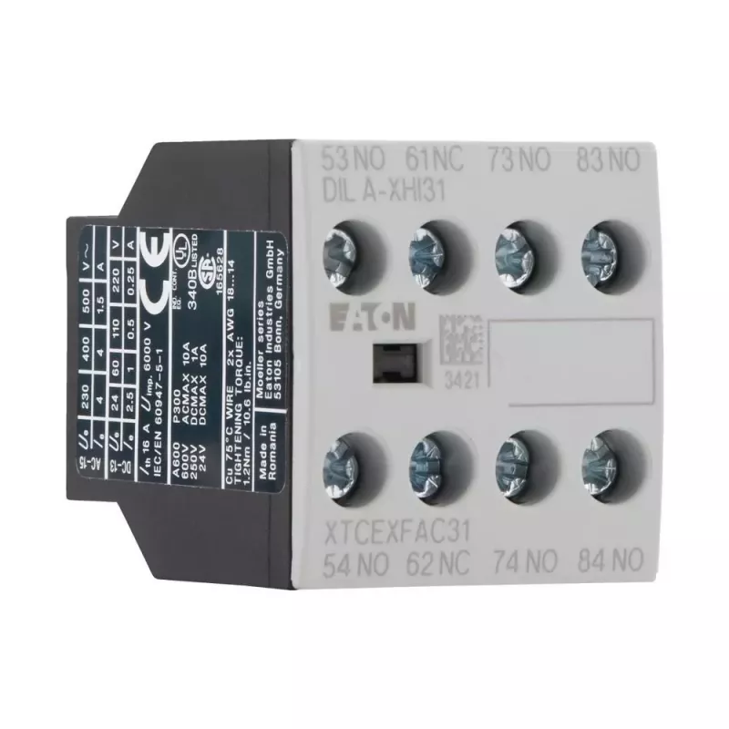 Eaton DILA-XHI31 palīgkontaktu bloks, 3 NO + 1 NC, skrūvju spailes, priekšējā montāža, melns/balts 276427