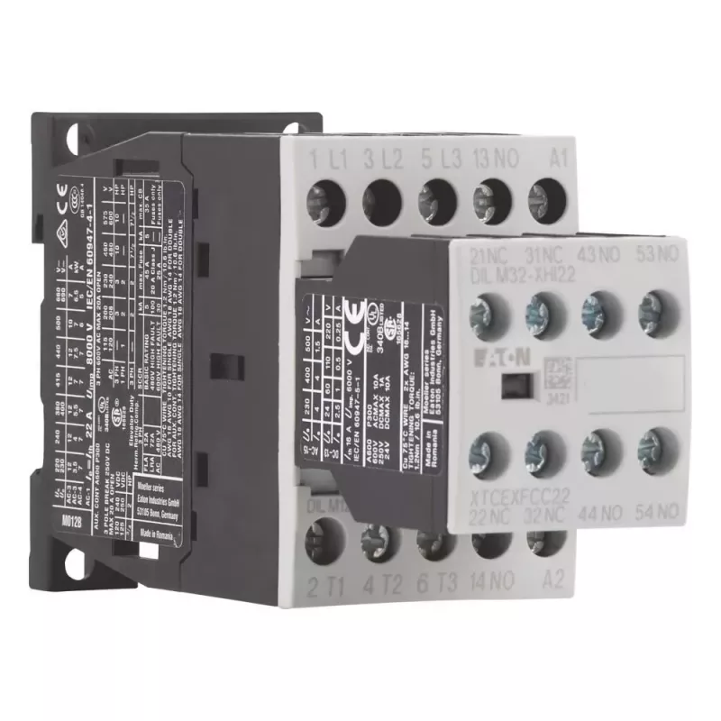 Eaton DILM12-32(24VDC) jaudas kontaktors, 3 polu, 12 A, 24 V DC spole, 1 NO + 2 NC, skrūvju spailes, IP20, DIN sliedes/skrūvju montāža 276950