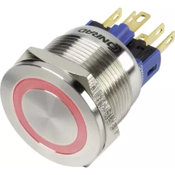 TRU COMPONENTS 1303040 GQ22S-11E/R/12V pretvandālisma spiedpoga, momentāna, 1 NO, 250 V AC, 3 A, sarkans gredzena apgaismojums 12 V DC, IP65, 22 mm montāža