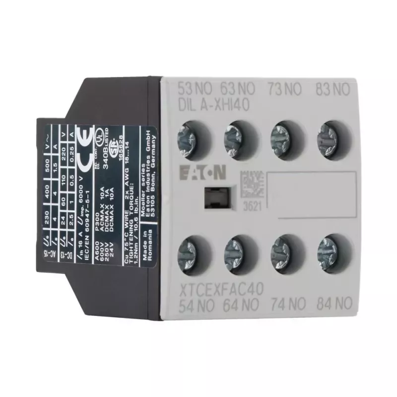 Eaton DILA-XHI40 palīgkontaktu bloks, 4 NO, priekšējā montāža, skrūvju spailes, melns/balts 276428