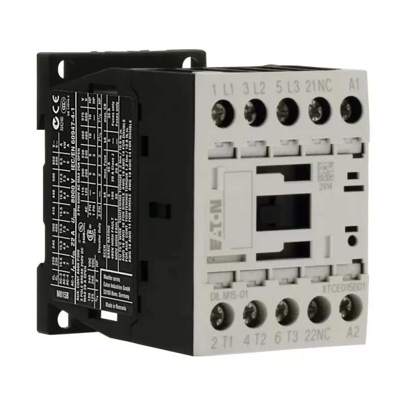 Eaton DILM15-01 24VDC 3 polu kontaktors, 1 NC palīgkontakts, 15 A AC-3, DIN sliedei/skrūvēm 290108
