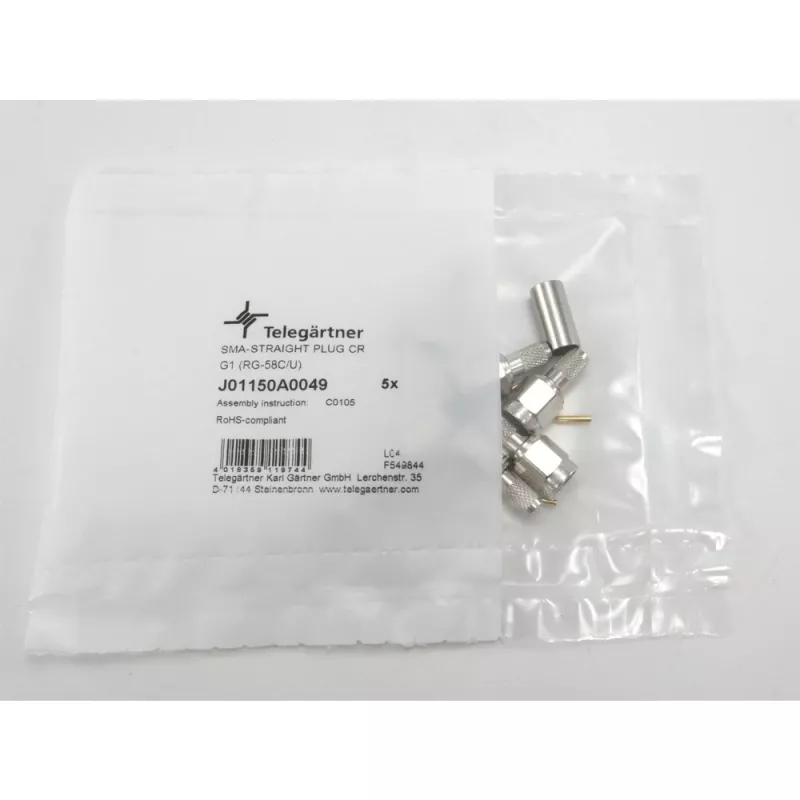 Telegärtner SMA savienotājs kontaktdakša taisna 50 Ohm crimp/solder priekš RG-58 RG-142 RG-223 LMR-240 J01150A0049