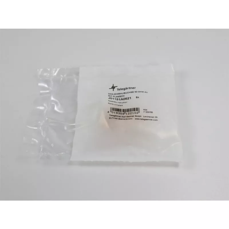 Telegärtner SMA panel mount ligzdas savienotājs, ar flanšu, zelta pārklājums, 50 Ohm, 5 gab. J01151A0621