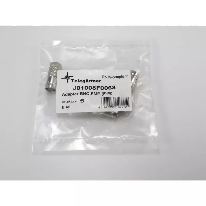 TELEGÄRTNER J01008F0068 BNC ligzda uz FME spraudni koaksiālais adapteris, 50 Ohm, taisns, niķelēts misiņš