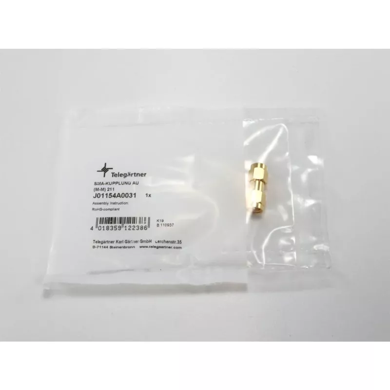 TELEGÄRTNER SMA vītņu uz SMA vītņu koaksiālais adapteris, 50 Ohm, DC-18 GHz, zelta pārklājuma misiņš