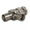 Telegärtner BNC T-adapteris, BNC vītņuzgriežņa savienotājs uz 2x BNC ligzdu, 50 Ohm, niķelis/zelts J01004A0616