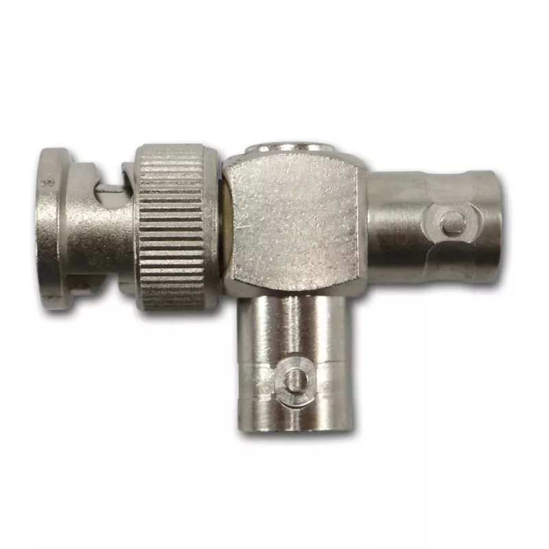 Telegärtner BNC T-adapteris, BNC vītņuzgriežņa savienotājs uz 2x BNC ligzdu, 50 Ohm, niķelis/zelts J01004A0616