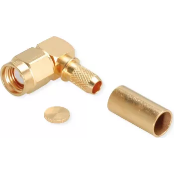 TELEGÄRTNER RP-SMA leņķa savienotājs ar presēšanas kontaktu RG-58C/U kabelim, 50 Ohm, zeltīts