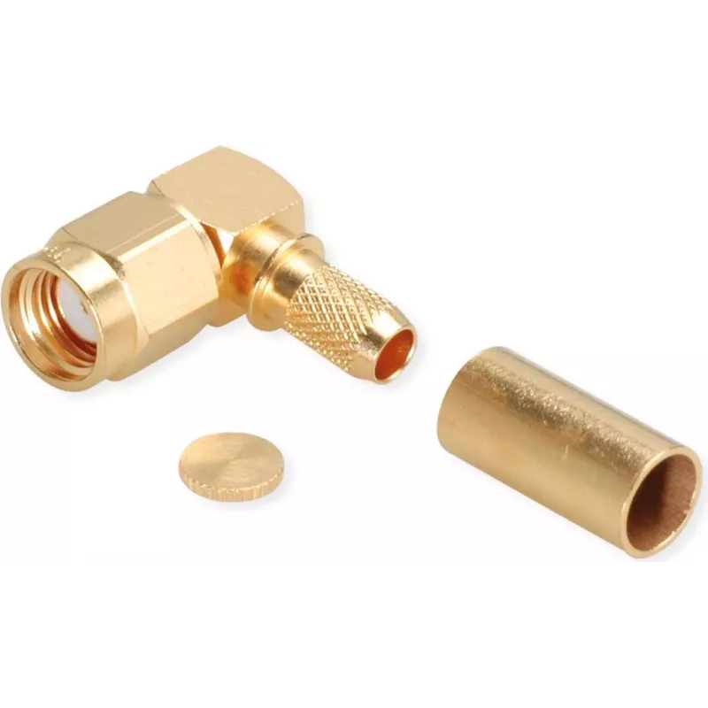 TELEGÄRTNER RP-SMA leņķa savienotājs ar presēšanas kontaktu RG-58C/U kabelim, 50 Ohm, zeltīts