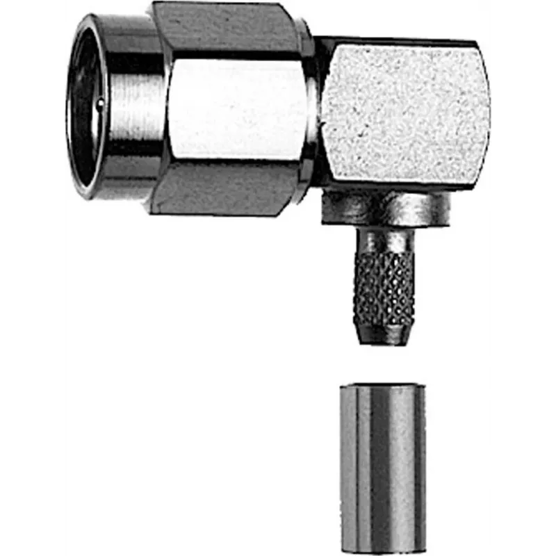TELEGÄRTNER RP-SMA leņķa savienotājs ar presēšanas kontaktu RG-58C/U kabelim, 50 Ohm, zeltīts