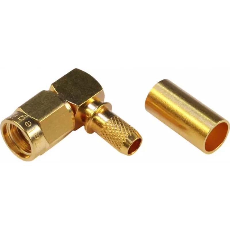 TELEGÄRTNER RP-SMA leņķa savienotājs ar presēšanas kontaktu RG-58C/U kabelim, 50 Ohm, zeltīts