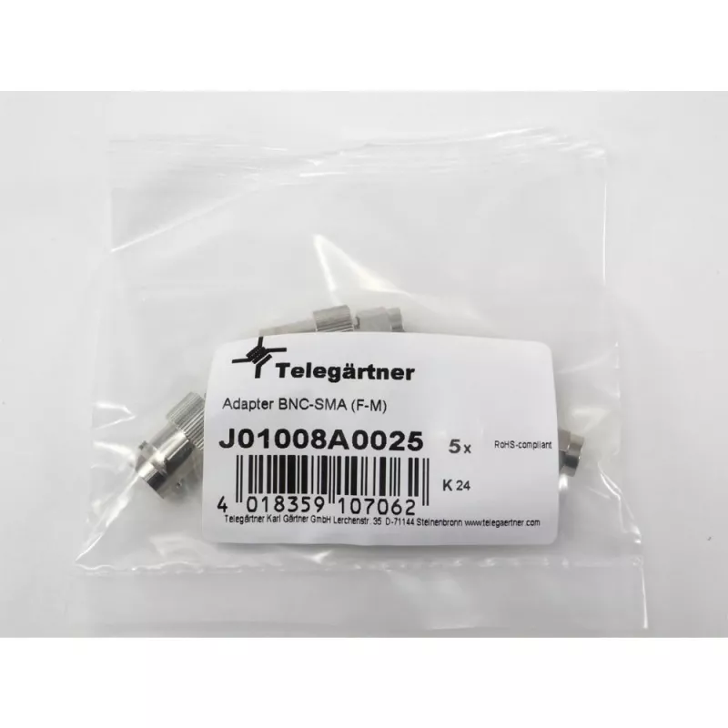 Telegärtner BNC sieviešu uz SMA vīriešu RF koaksiālais adapteris, 50 Ohm, DC-4 GHz, niķelēts misiņš, J01008A0025