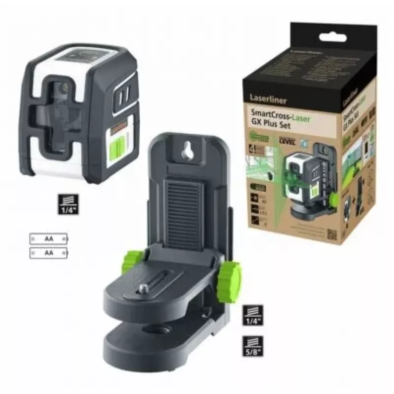 Laserliner SmartCross-Laser GX Plus Set zaļā stara krusteniskais līnijas lāzers, maksimālais darbības attālums 40 m (036.732E)