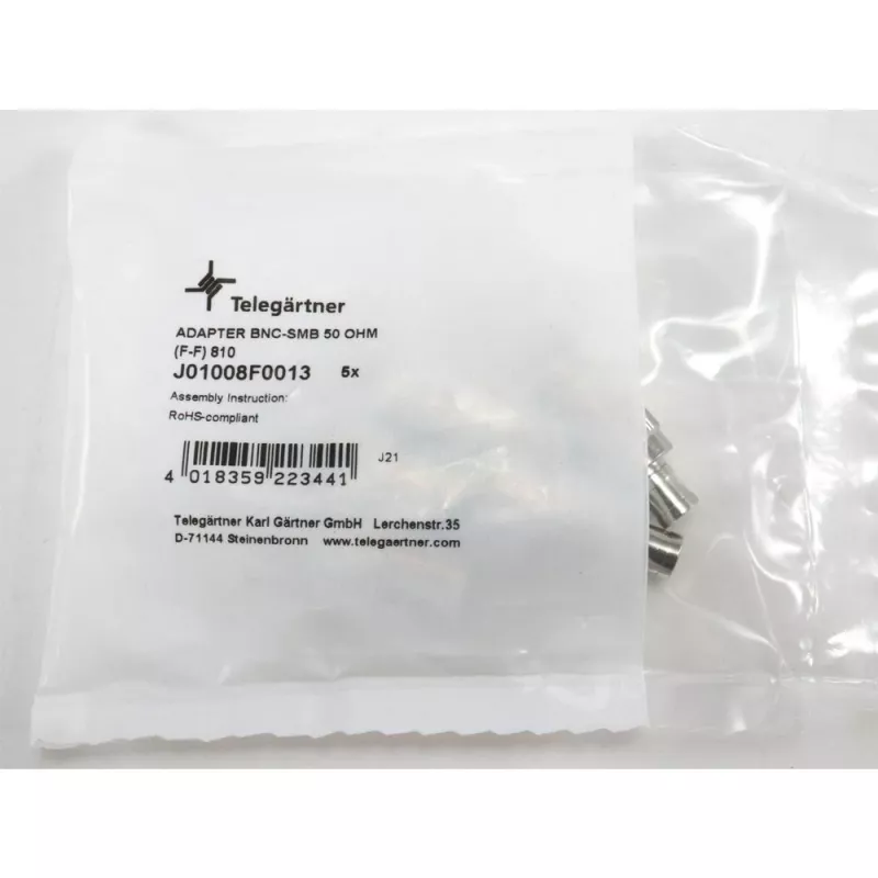 TELEGÄRTNER koaksiālais adapteris BNC female uz SMB female, 50 Ohm, taisns, niķelēts misiņš, zelta pārklājuma kontakti J01008F0013