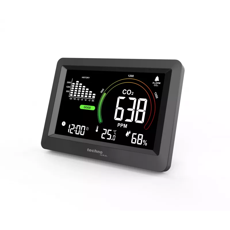 Technoline WL1028 CO2 monitors ar gaisa kvalitātes kontroli un trauksmes signālu, melns