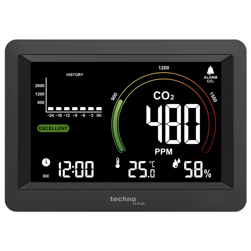 Technoline WL1028 CO2 monitors ar gaisa kvalitātes kontroli un trauksmes signālu, melns