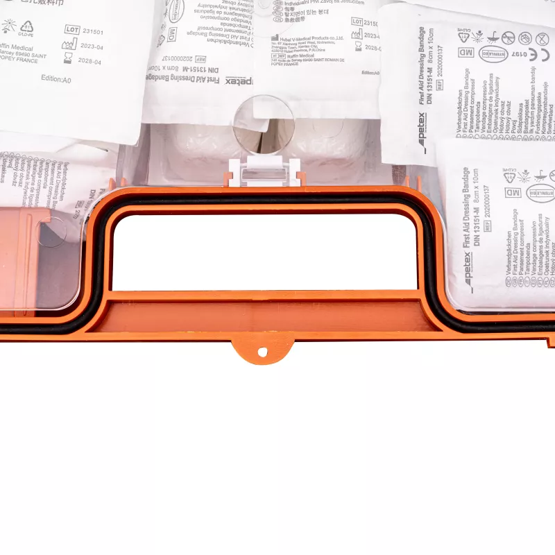 PETEX 43924135 DIN 13157 pirmās palīdzības aptieciņa, oranža, 280 x 115 x 200 mm, montējama pie sienas, ABS plastmasa, birojiem, darbnīcām, maziem uzņēmumiem, izglītības iestādēm