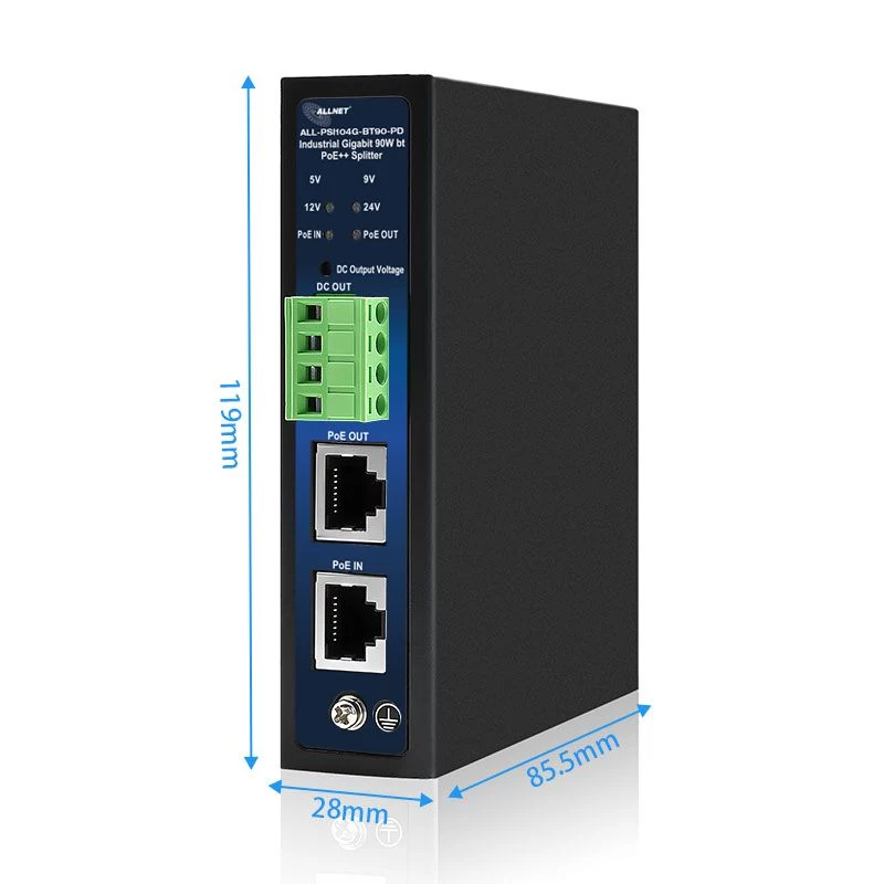 ALLNET industriālais PoE sadalītājs/ekstraktors IEEE 802.3bt Type 4, 90W, 5V/9V/12V/24V izvēles izeja, Gigabit Ethernet, DIN sliedes/sienas montāža (ALL-PSI104G-BT90-PD)