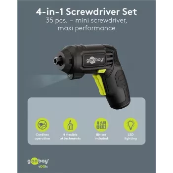 Goobay 4-in-1 mini bezvada skrūvgriežu komplekts, 35 daļas, pistoles rokturis, 3,6V Li-Ion, USB-C uzlāde, 5 Nm, 200 apgr/min, ar 4 uzgaļiem un 28 uzgaļiem 77817