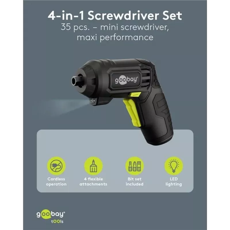 Goobay 4-in-1 mini bezvada skrūvgriežu komplekts, 35 daļas, pistoles rokturis, 3,6V Li-Ion, USB-C uzlāde, 5 Nm, 200 apgr/min, ar 4 uzgaļiem un 28 uzgaļiem 77817