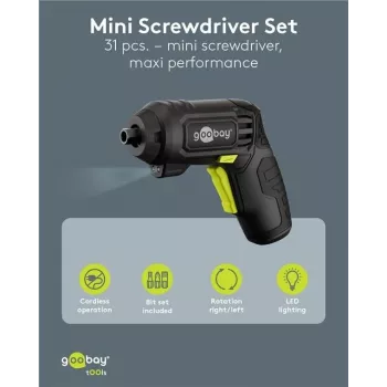 Goobay Mini bezvada skrūvgriežu komplekts 31 daļas ar pistoles rokturi, 28 uzgaļiem un Micro-USB uzlādi (77818)