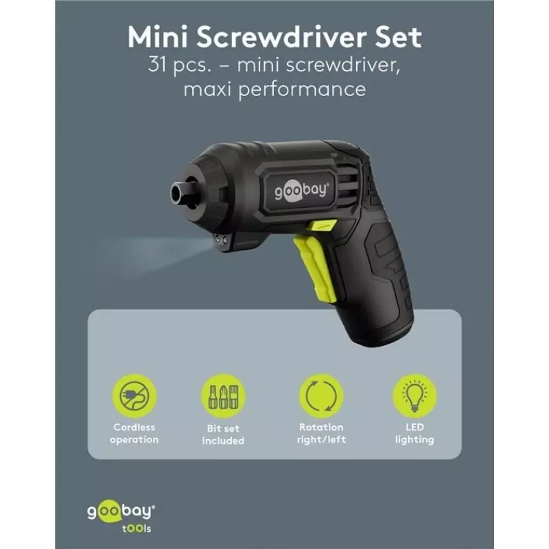 Goobay Mini bezvada skrūvgriežu komplekts 31 daļas ar pistoles rokturi, 28 uzgaļiem un Micro-USB uzlādi (77818)