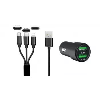 IWH Dual USB Auto Lādētājs 3-in-1 12/24V 3.4A Melns (19061)