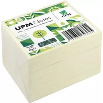 UPM Notes pašlīmējošās lapiņas 5654-01PG-6, 75 x 75 mm, dzeltenas, 100 lapas blociņā, 6 blociņi