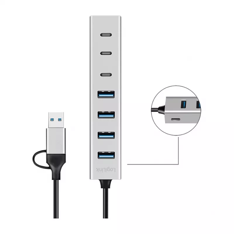 LogiLink USB 3.0 centrmezgls, 7 porti, 4x USB-A 3x USB-C, alumīnija korpuss