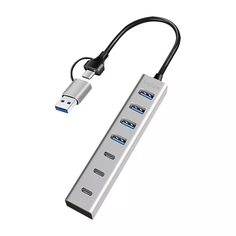 LogiLink USB 3.0 centrmezgls, 7 porti, 4x USB-A 3x USB-C, alumīnija korpuss