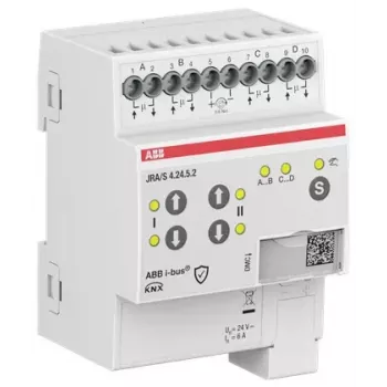 ABB JRA/S4.24.5.2 KNX žalūziju/droplīšu aktuators, 4 kanālu, 24V AC/DC, manuālā vadība, DIN sliedes montāža 2CDG110298R0011