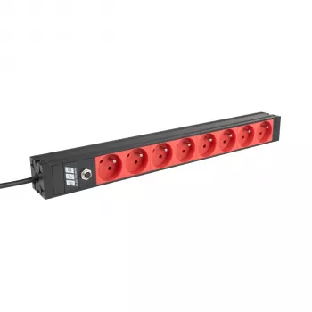 EFB ELEKTRONIK EK631CF.1V2 19 collu 1U statīva PDU, 8 x CEE 7/5 (E tipa) sarkanas kontaktligzdas, IEC C14 ieeja, 10A aizsardzība pret pārslodzi, melns