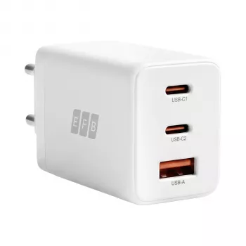 EFB Elektronik 65W GaN sienas lādētājs ar 2x USB-C + USB-A PD3.0 QC3.0, balts, G651A2CE