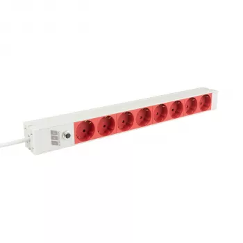 EFB Elektronik EK631CD.1GRV2 19 collu 1U plaukta barošanas sadalītājs, 8x CEE 7/3 sarkanas rozetes, IEC C14 ieeja, 10A aizsardzība, pelēks