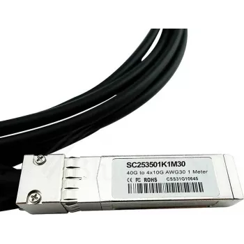 BlueLAN saderīgs H3C LSWM1QSTK4 pasīvais 40GBASE-CR4 QSFP+ uz 4x10GBASE-CR SFP+ tiešās pievienošanas sadalošais kabelis, 3m, AWG30 LSWM1QSTK4-BL