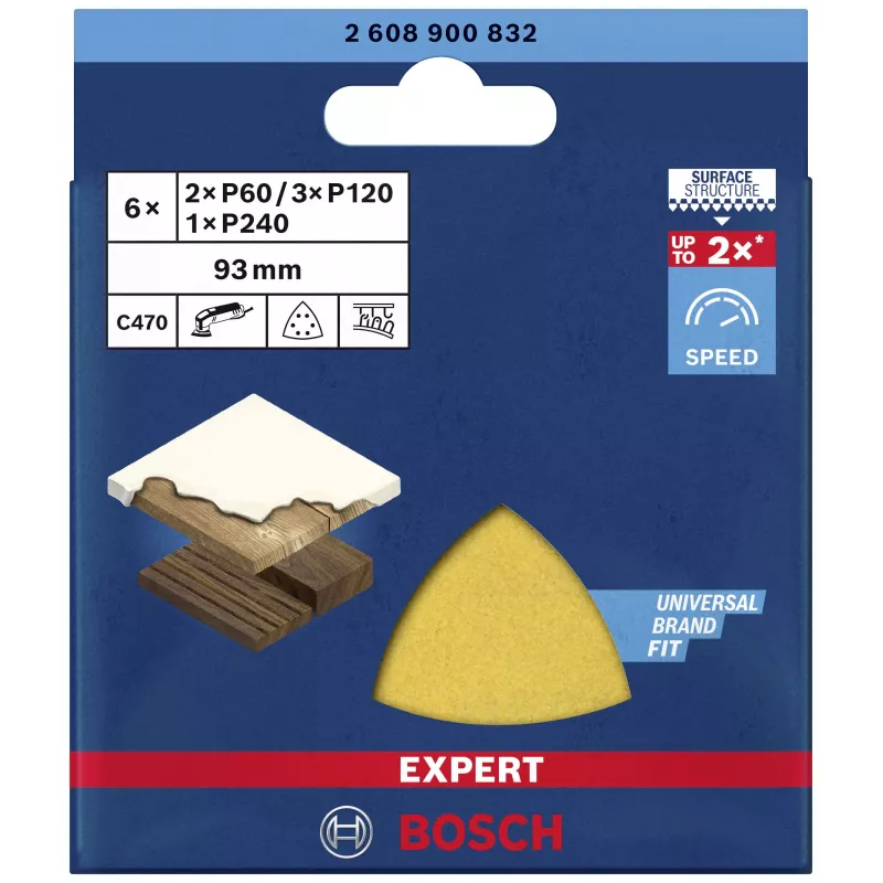 Bosch EXPERT C470 Delta slīpēšanas loksņu komplekts 93 mm P60/P80/P120 ar Velcro stiprinājumu un perforāciju, 6 gab. 2608900832