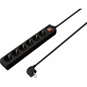 SYGONIX SY-4891006 6 ligzdu Schuko pagarinātājs ar apgaismotu slēdzi, 1,5 m kabelis, melns