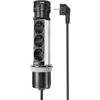 SYGONIX SY-4997104 Sadalītājs tornis, 6 kontaktligzdas, 2 USB-A porti, 1,5 m kabelis, melns/sudraba