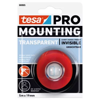 tesa Mounting PRO caurspīdīga abpusēja akrila putu montāžas lente 66965-00001-00, 5 m x 19 mm, iztur līdz 10 kg/m, UV un mitruma izturīga, iekštelpu un āra lietošanai
