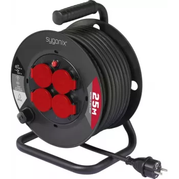 Sygonix SY-10236129 kabeļa tītis melns ar Schuko kontaktdakšu 25m 4 kontaktligzdas