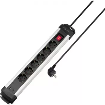 Sygonix SY-6807130 6 vietu pagarinātājs ar apgaismotu slēdzi, melns/sudrabs, 1,5 m kabelis