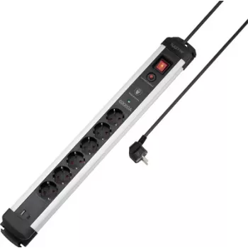 Sygonix SY-6805674 6 vietu pagarinātājs ar pārsprieguma aizsardzību un slēdzi, Schuko, 1,5 m kabelis, melns/sudraba